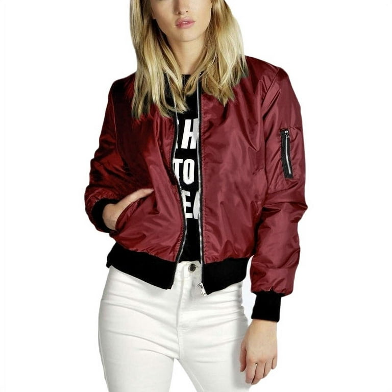 Magazine Women s Lightweight Bomber Jacket with Pockets Casual Long Sleeve Zip Up Outerwear Windbreaker