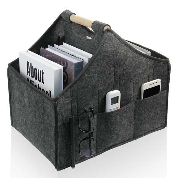Magazine storage rack,Felt newspaper basket, modern newspaper and magazine shelves, large wooden handle portable file shelf, used for home and office storage(dark grey)