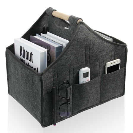 Magazine storage rack,Felt newspaper basket, modern newspaper and magazine shelves, large wooden handle portable file shelf, used for home and office storage（dark grey）