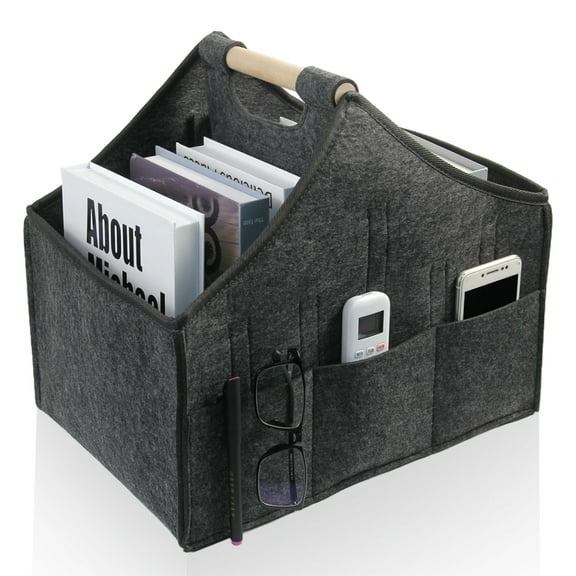 Magazine storage rack,Felt newspaper basket, modern newspaper and magazine shelves, large wooden handle portable file shelf, used for home and office storage（dark grey）