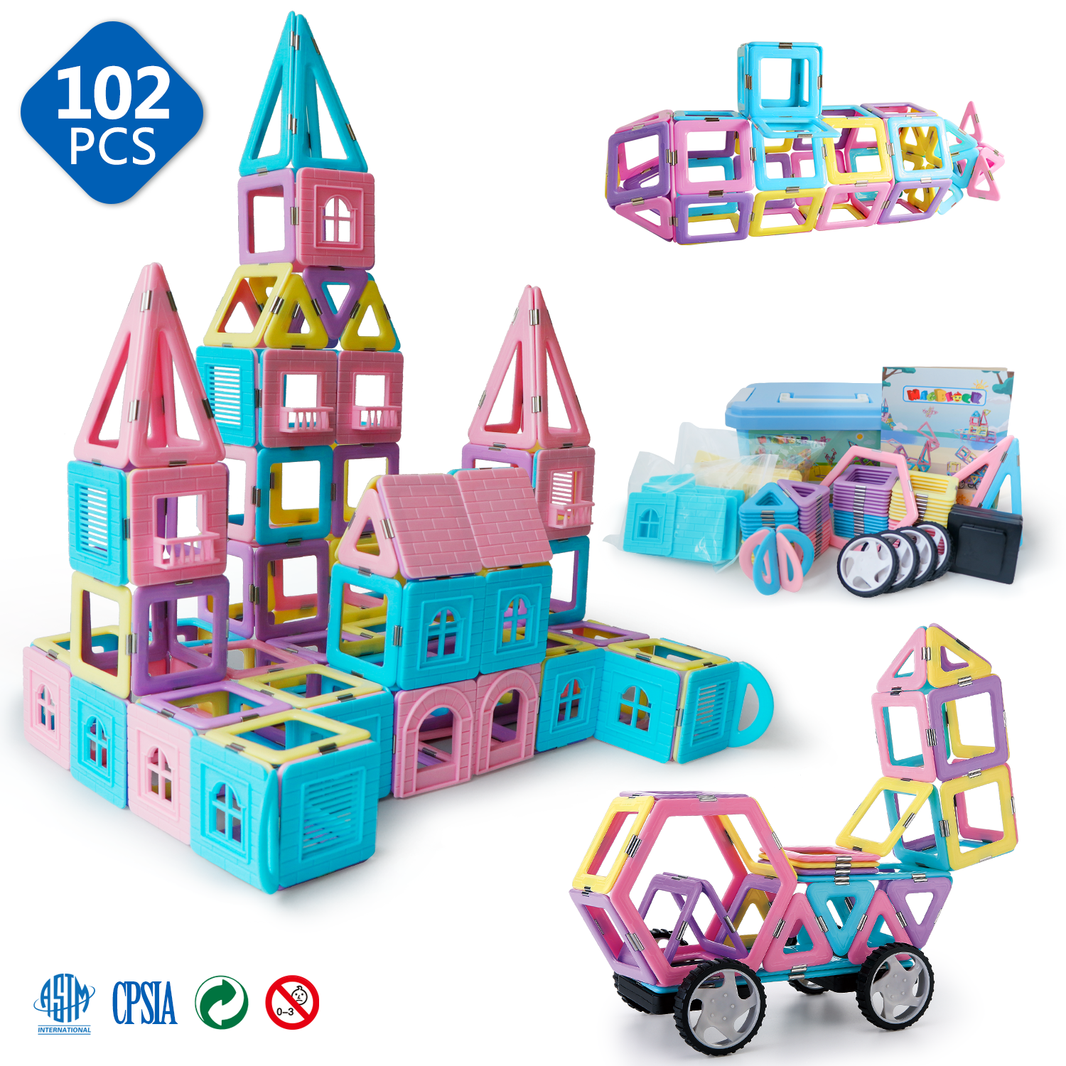 Magblock 102-Piece Pastel Building Blocks Castle Set for Toddlers