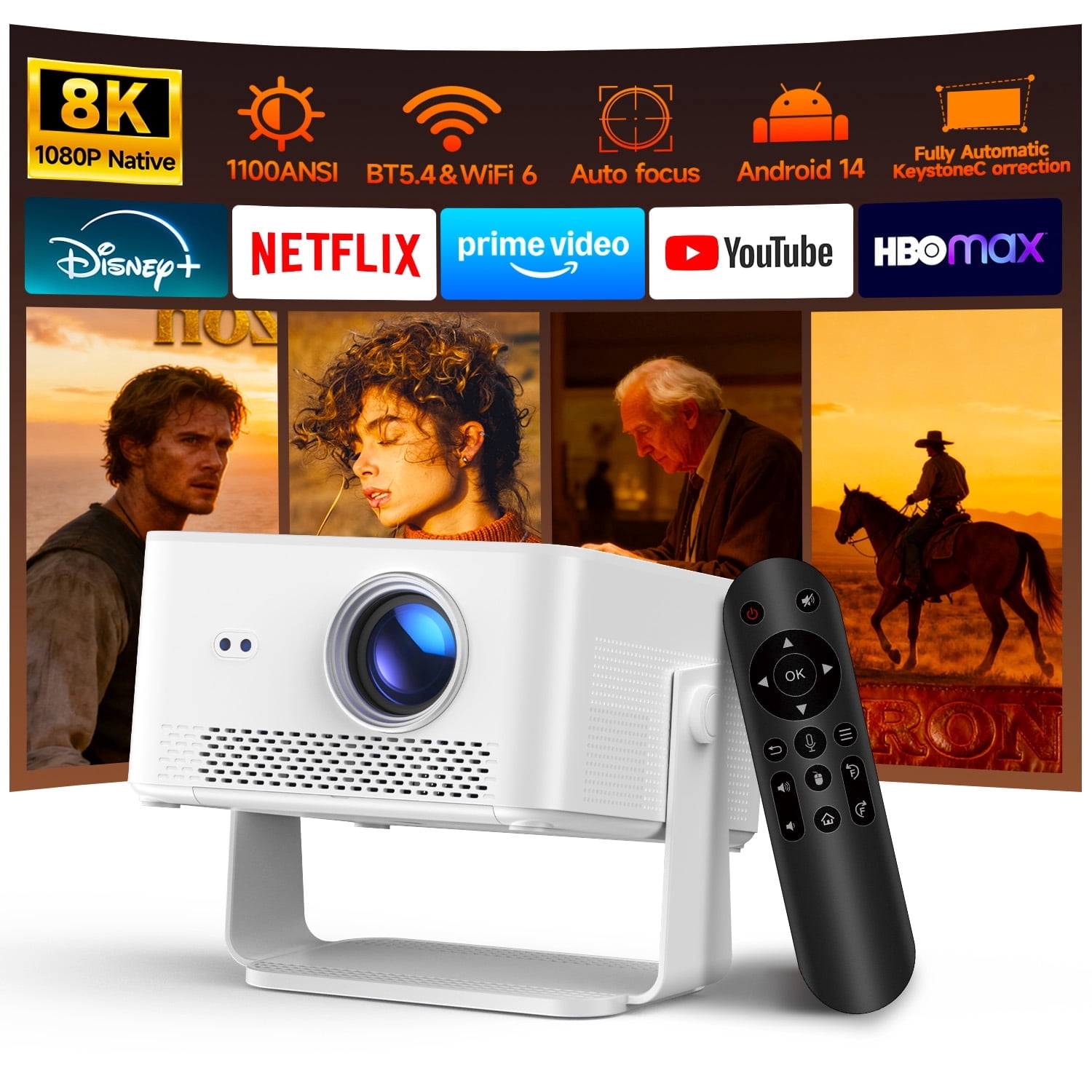 Magcubic 8K Support 1080P Native Android 14 Smart Projector with Auto Focus, 1100 ANSI, WiFi 6, 12W HiFi Stereo, HDR10+, 1.0:1 Throw Ratio for Home Theater & Gaming HY450MAX