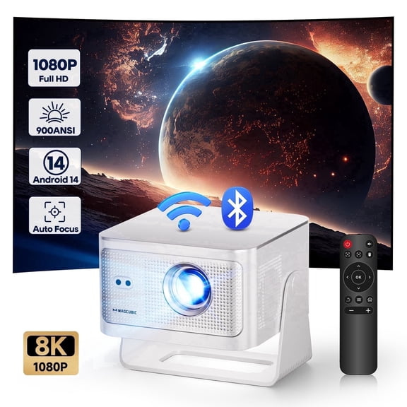Magcubic 8K Support Native 1080P Full HD Projector, 900 ANSI Lumens Auto Keystone & Focus Movie Projector with WiFi 6 & BT 5.4, Android 14 with Built-in Apps, Projector for Home Theater HY350Max