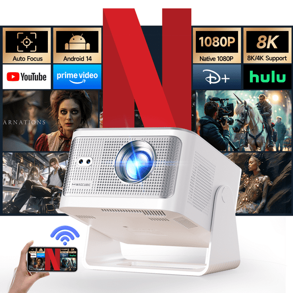 Magcubic 8K Support Native 1080P Full HD Projector, 900 ANSI Lumens Auto Keystone & Focus Movie Projector with WiFi 6 & BT 5.4, Android 14 with Built-in Apps, Projector for Home Theater HY350Max