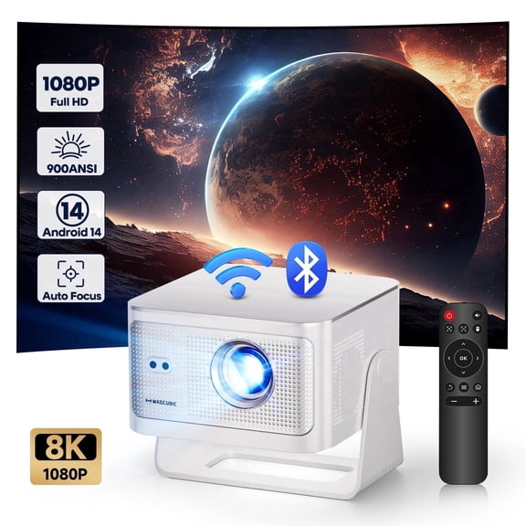 Magcubic 8K Support Native 1080P Full HD Projector, 900 ANSI Lumens Auto Keystone & Focus Movie Projector with WiFi 6 & BT 5.4, Android 14 with Built-in Apps, Projector for Home Theater HY350Max