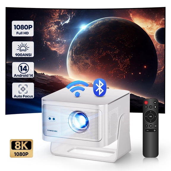 Magcubic 8K Support Native 1080P Full HD Projector, 900 ANSI Lumens Auto Keystone & Focus Movie Projector with WiFi 6 & BT 5.4, Android 14 with Built-in Apps, Projector for Home Theater HY350Max
