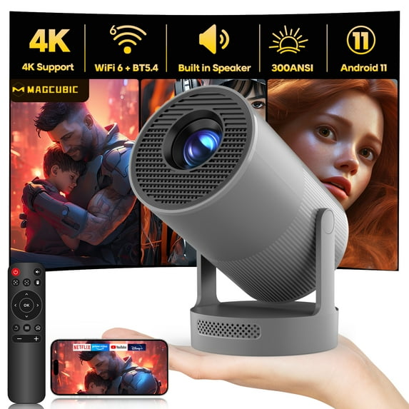 Magcubic HY300 Ultra Projector, Mini Projector Support 4K with Electronic Focus, 5W Soundbase Speaker, with WiFi 6 and Bluetooth 5.4, 180° Rotation Portable for Home&Outdoor Theater