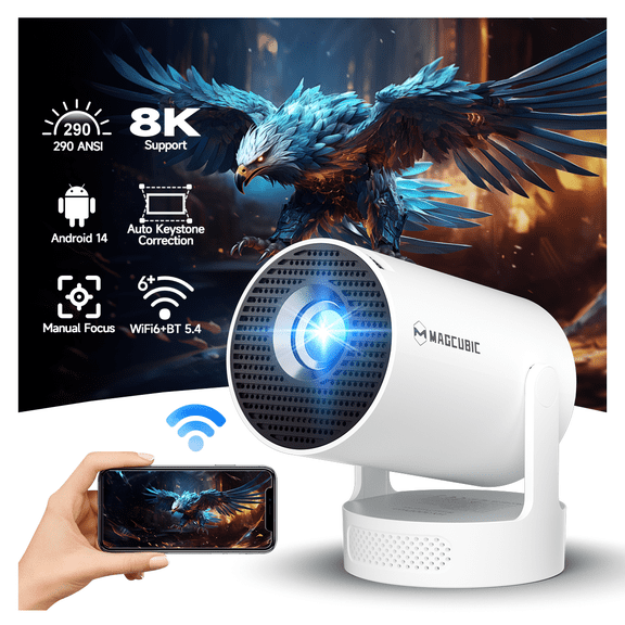 Magcubic Mini Projector, 8K Support with WiFi 6 & BT 5.4, 290 ANSI Brightness with 5w Soundbase Speaker, Auto Vertical Correction, 180°Rotatable Portable for Home & Outdoor Movies HY300Pro+