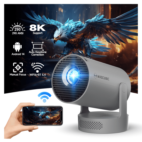 Magcubic Mini Projector, 8K Support with WiFi 6 & BT 5.4, 290 ANSI Brightness with 5w Soundbase Speaker, Auto Vertical Correction, 180°Rotatable Portable for Home & Outdoor Movies HY300Pro+