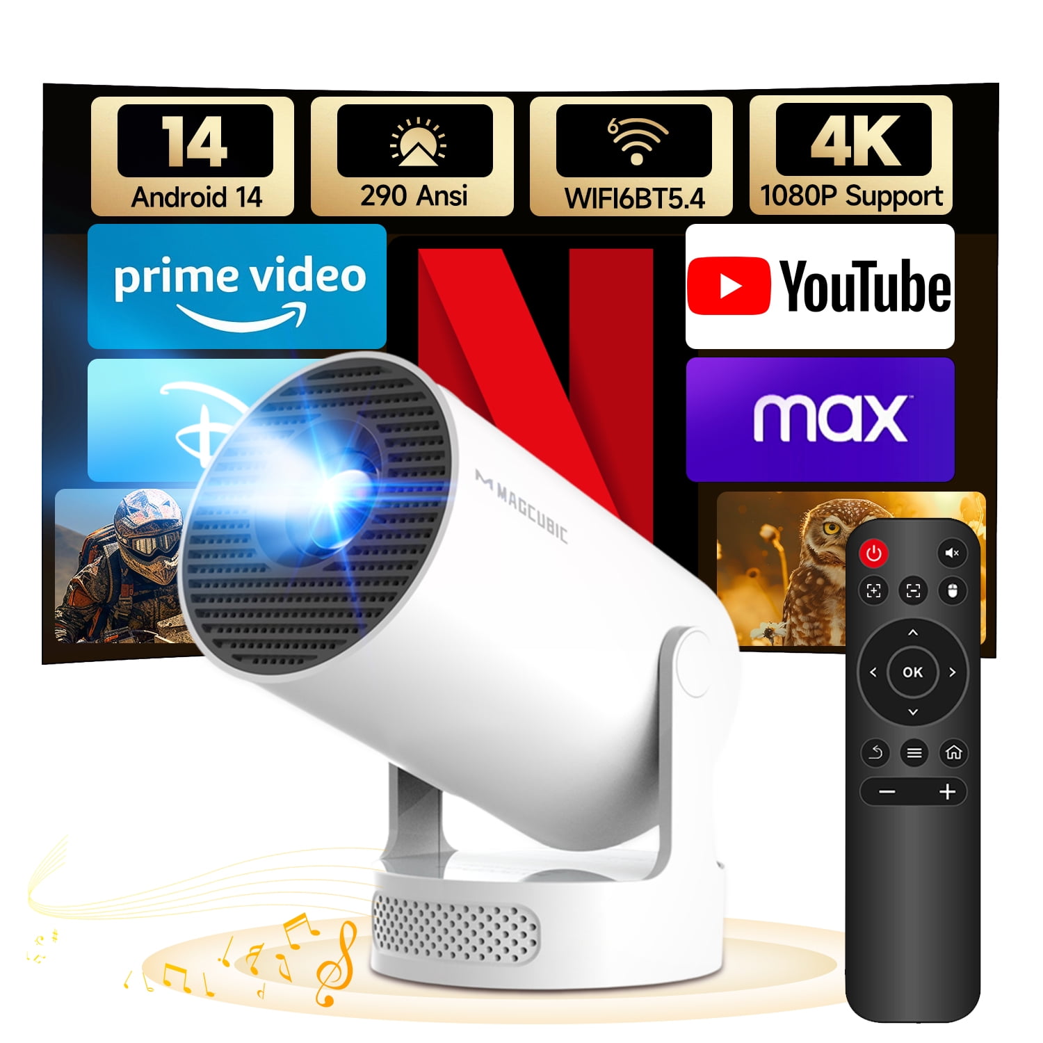 ほぼ未使用 Pipistudio PP60-V3 Magcubic Mini Projector, 4K Support with WiFi 6 & BT 5.4, 290 ANSI