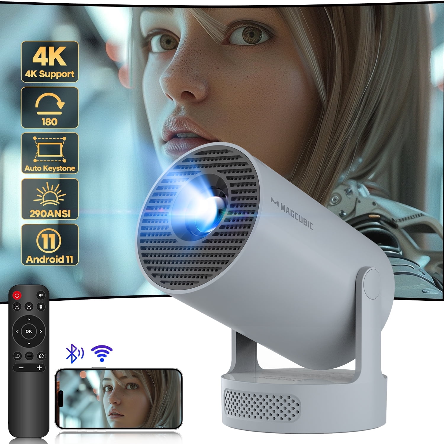 Magcubic Mini Projector, 4K Support with WiFi 6 & BT 5.4, 290 ANSI Brightness with 5w Soundbase Speaker, Auto Vertical Correction, 180°Rotatable Portable for Home & Outdoor Movies HY300Pro+