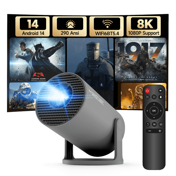 Magcubic Mini Projector 8K 1080P Support with WiFi 6 & BT 5.4 290 ANSI Brightness, Auto Keystone, 180 Degree Rotation, Portable Projector for Home Theater & Outdoor Movies HY300Pro Grey
