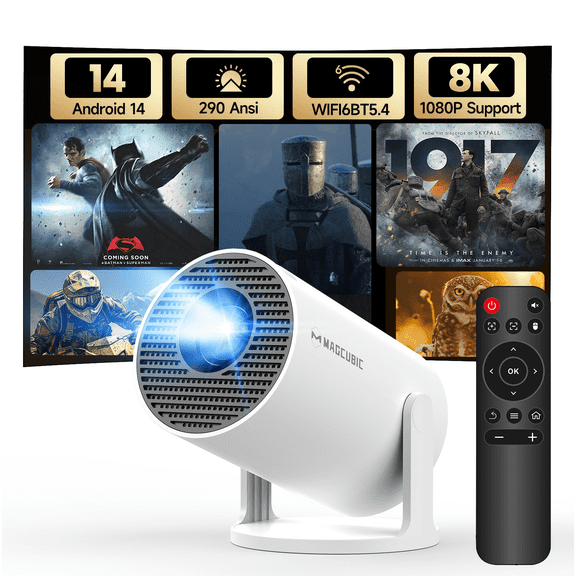 Magcubic Mini Projector 8K 1080P Support with WiFi 6 & BT 5.4 290 ANSI Brightness, Auto Keystone, 180 Degree Rotation, Portable Projector for Home Theater & Outdoor Movies HY300Pro White