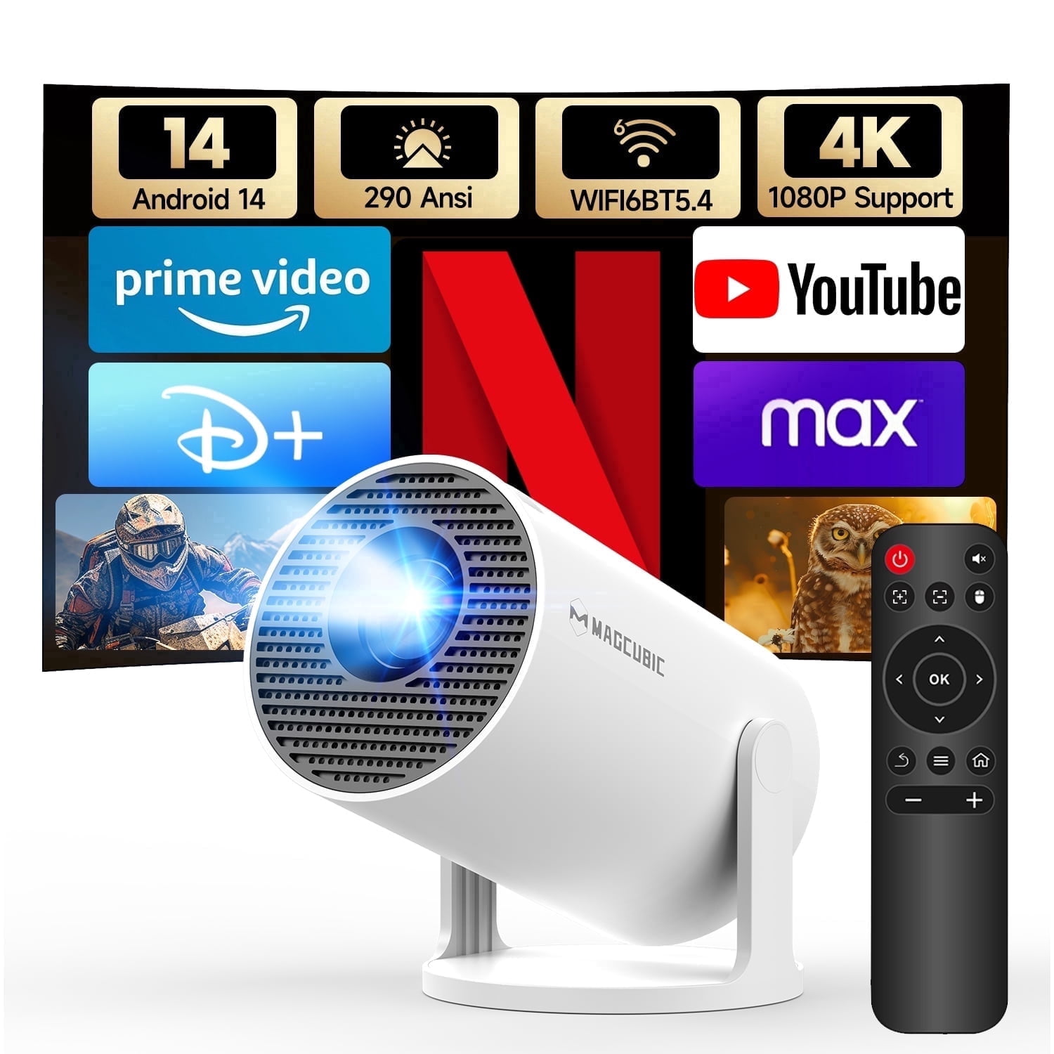 Magcubic Mini Projector 4K 1080P Support with WiFi 6 & BT 5.4 290 ANSI ...