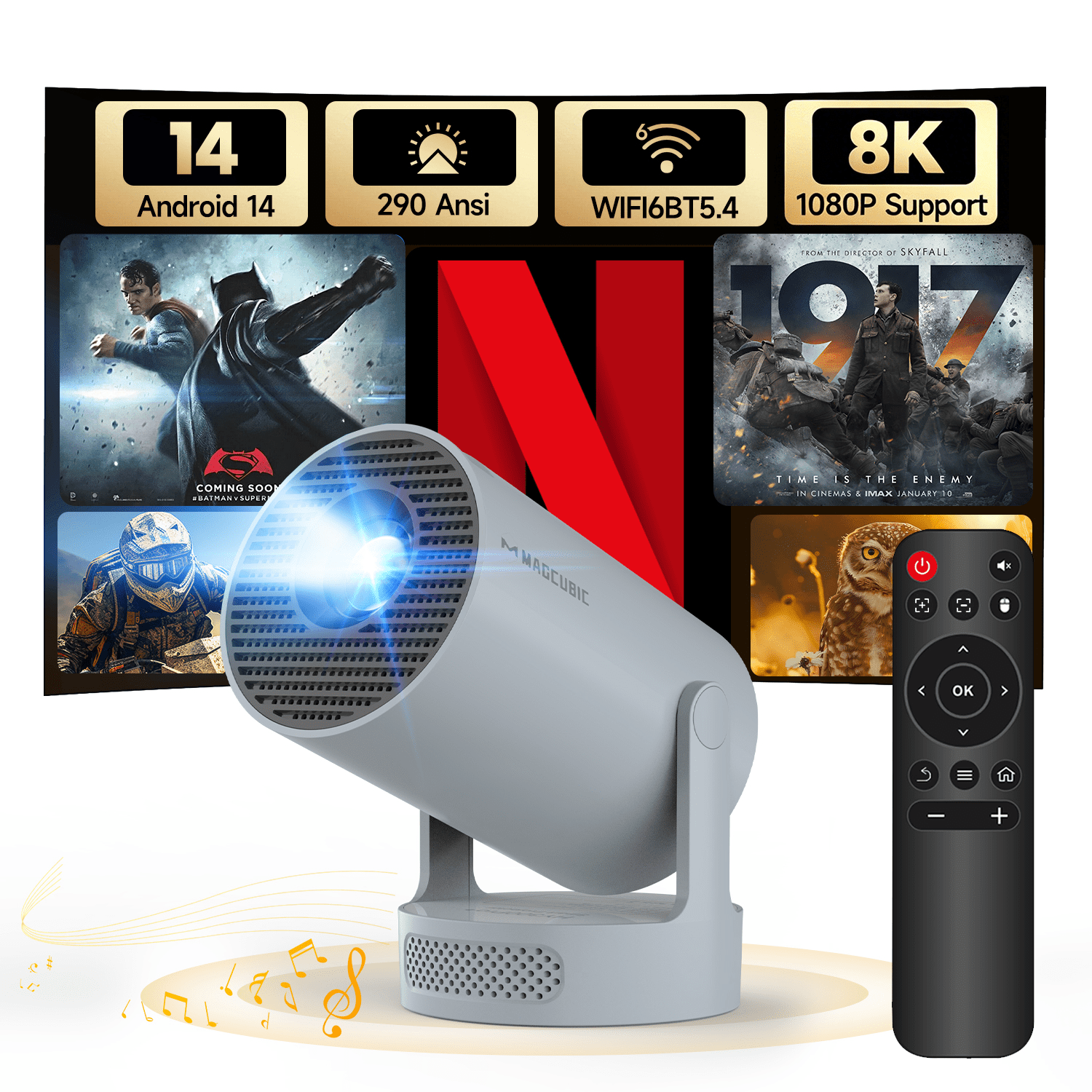 Magcubic Mini Projector 8K&4K Support with WiFi 6 and BT 5.4, 5W Soundbase Speaker, Auto Vertical Keystone 180° Rotatable Portable Projector for Home Bedroom Outdoor Movies HY300Pro+ Grey