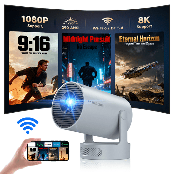 Magcubic Mini Projector 8K Support with WiFi 6 and BT 5.4, 5W Soundbase Speaker, Auto Vertical Keystone 180° Rotatable Portable Projector for Home Bedroom Outdoor Movies HY300Pro+ Grey
