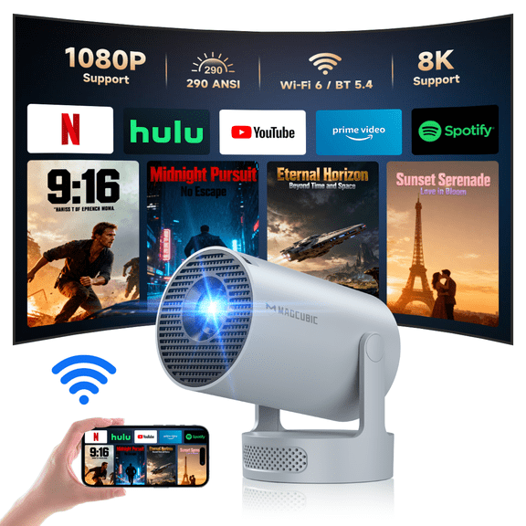 Magcubic Mini Projector 8K Support with WiFi 6 and BT 5.4, 5W Soundbase Speaker, Auto Vertical Keystone 180° Rotatable Portable Projector for Home Bedroom Outdoor Movies HY300Pro+ Grey