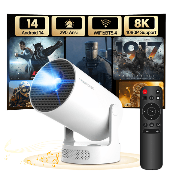 Magcubic Mini Projector 8K Support with WiFi 6 and BT 5.4, 5W Soundbase Speaker, Auto Vertical Keystone 180° Rotatable Portable Projector for Home Bedroom Outdoor Movies HY300Pro+ White