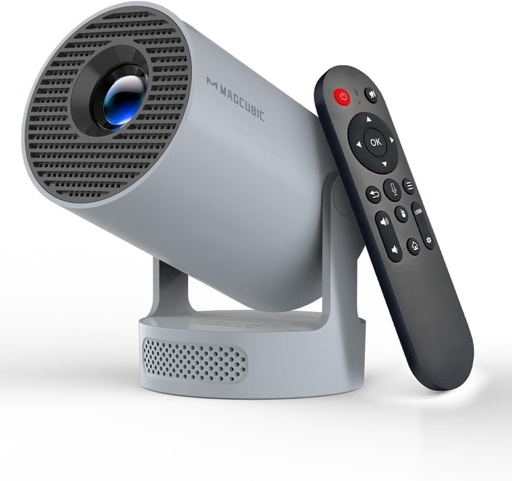 Magcubic Mini Projector with WiFi 6 and BT 5.4, Voice Control Portable Projector 8K Support, 5W Soundbase Speaker, Auto Vertical Keystone 180°Rotatable Smart Proyector for Home Outdoor HY300Pro+ Grey