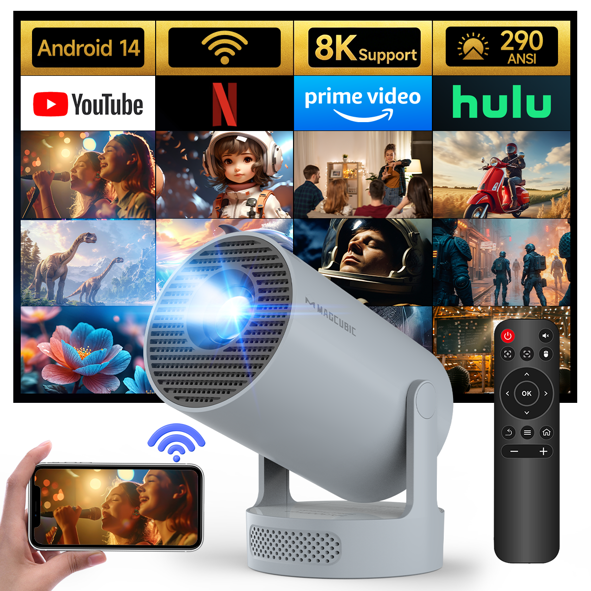 Magcubic 8K Support Projector,  Mini Projector with WiFi 6 & BT5.4, 5w Soundbase Speaker, 180°Rotatable Portable for Home & Outdoor Movies HY300Pro+