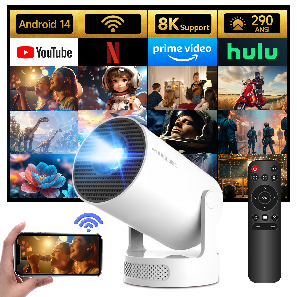 Magcubic 8K Support Projector,  Mini Projector with WiFi 6 & BT5.4, 5w Soundbase Speaker,180°Rotatable Portable for Home & Outdoor Movies HY300Pro+