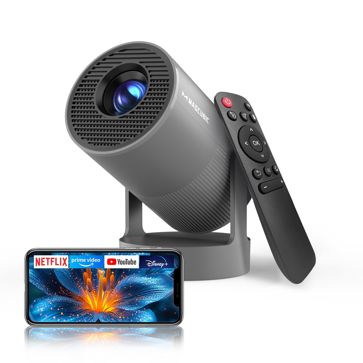 Magcubic Projector, Support 4K with Electronic Focus, 5W Soundbase Speaker Mini Projector, with WiFi 6 and Bluetooth 5.4, 180° Rotation Portable for Home&Outdoor Theater HY300 Ultra