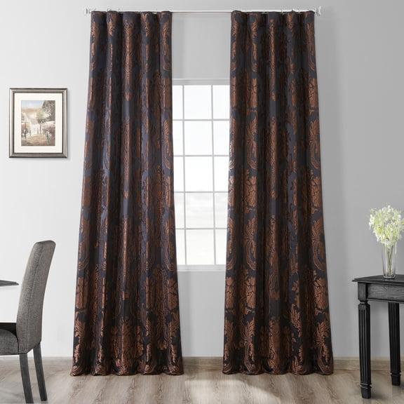 Magdelena Black & Cognac Designer Damask Curtain (1 Panel), Magdelena Black & Cognac, 50W X 108L