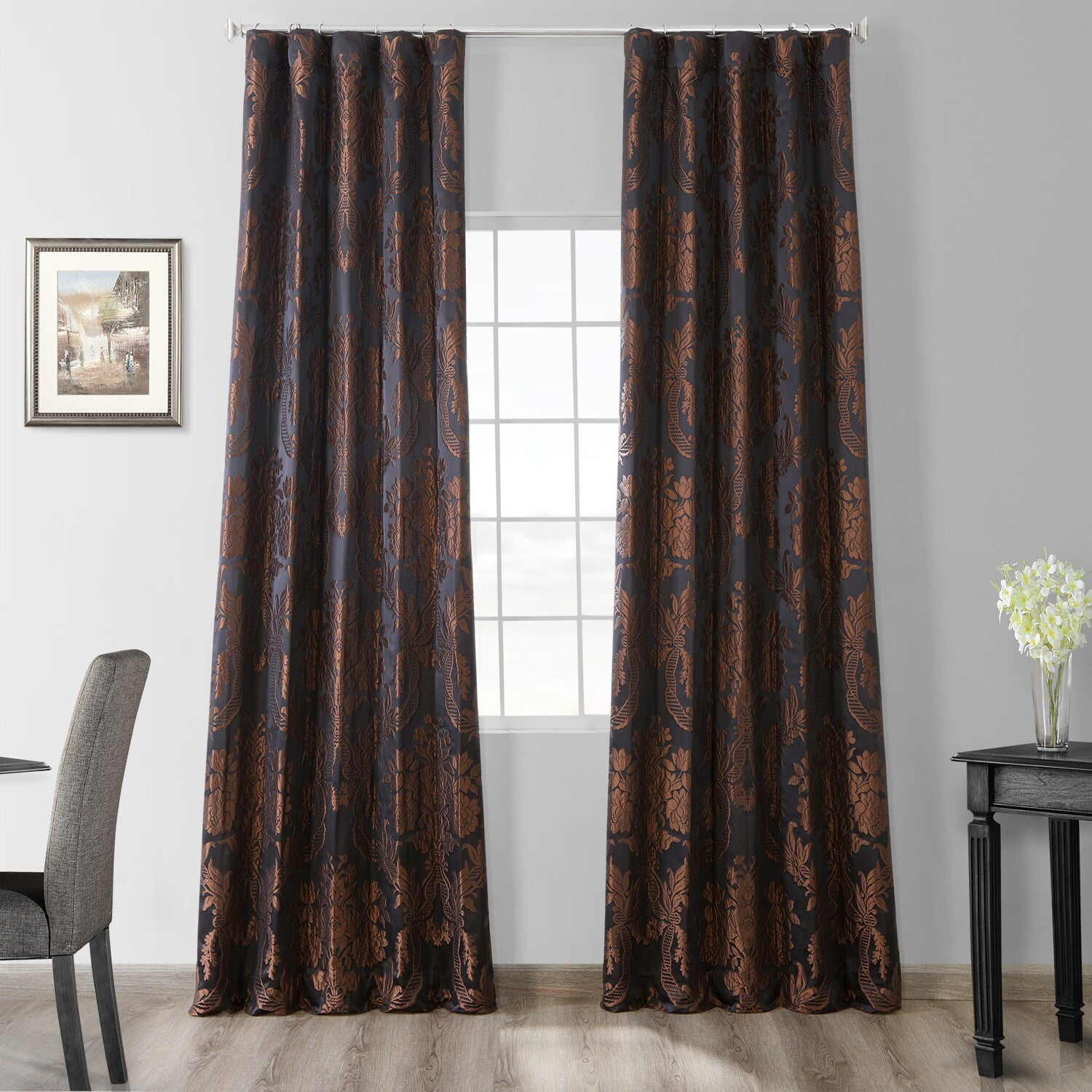 Magdelena Black and Cognac Faux Silk Room Darkening Curtain Panel