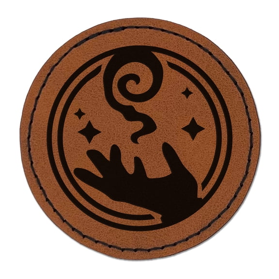 Mage Wizard Magic Spell 2.5" Faux Leather Round Engraved Iron-On Patch - Brown