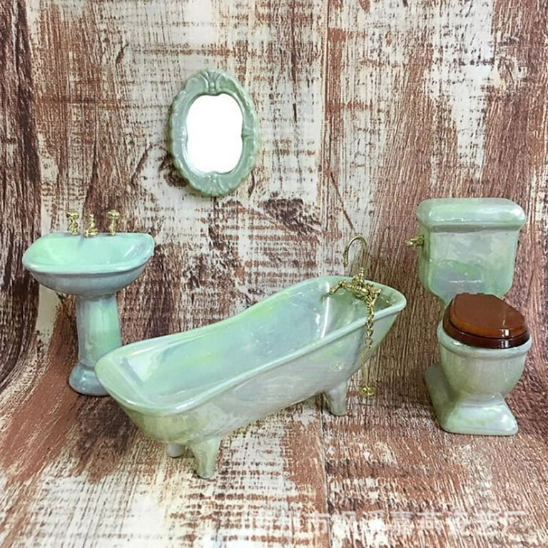 MageCrux 1:12 Dollhouse miniature green porcelain bathroom set toilet basin  bathtub