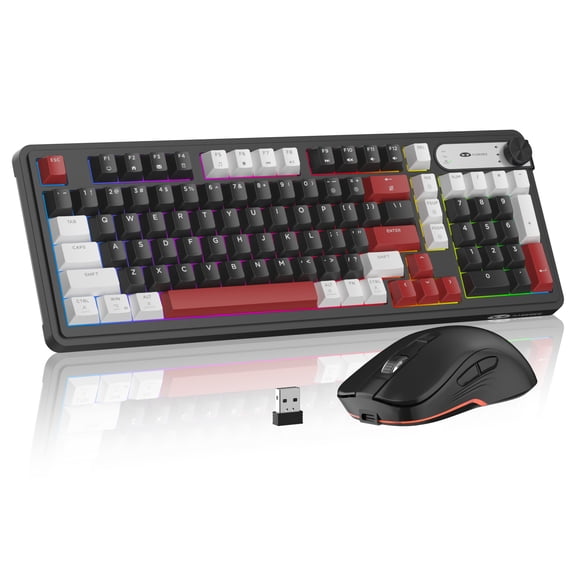 MageGee GK960 Tri-Mode Wireless Keyboard Mouse Combo, 98 Keys RGB Rechargeable Membrane Set with Control Knob for PC Mac