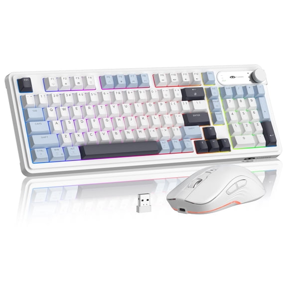 MageGee GK960 Tri-Mode Wireless Keyboard Mouse Combo, 98 Keys RGB Rechargeable Membrane Set with Control Knob for PC Mac