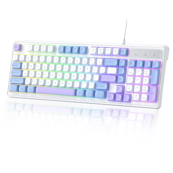 MageGee GK980 96% Wired Keyboard, 98 Keys RGB Backlit Membrane Keyboard with OEM Round Keycaps, 19-Key Anti-Ghosting, Adjustable Feet - Blue White
