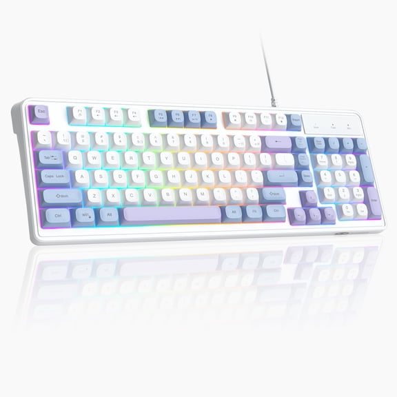 MageGee GK980 96% Wired Keyboard, 98 Keys RGB Backlit Membrane Keyboard with OEM Round Keycaps, 19-Key Anti-Ghosting, Adjustable Feet - Blue White