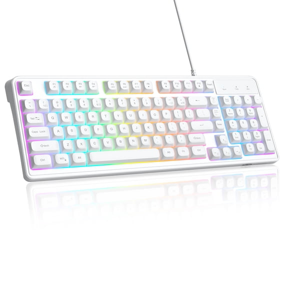 MageGee GK980 96% Wired Keyboard, 98 Keys Rainbow Backlit Membrane Keyboard with OEM Round Keycaps, 19-Key Anti-Ghosting, Adjustable Feet - White