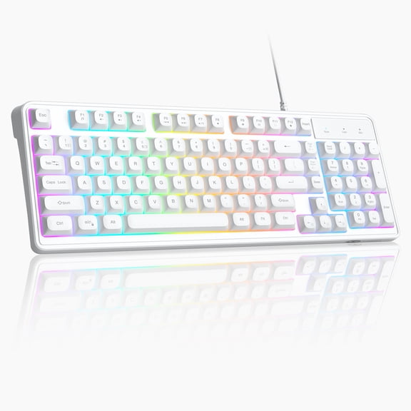 MageGee GK980 96% Wired Keyboard, 98 Keys Rainbow Backlit Membrane Keyboard with OEM Round Keycaps, 19-Key Anti-Ghosting, Adjustable Feet - White