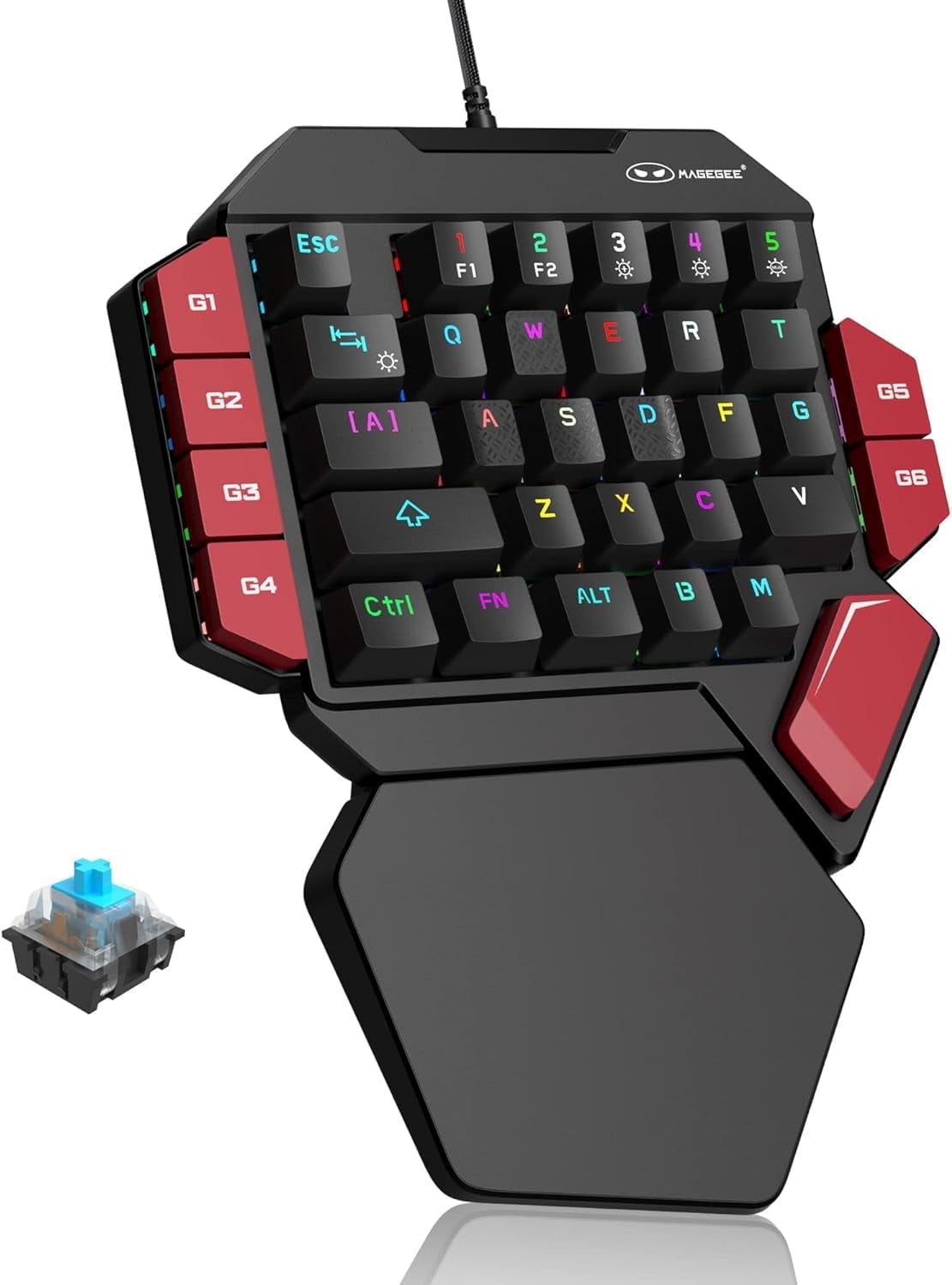 MageGee One Handed Professional Gaming Keyboard, RGB Backlit 35 Keys Mini Wired Mechanical Keyboard with Blue Switch for PC Gamer, Support 6 Macro Keys