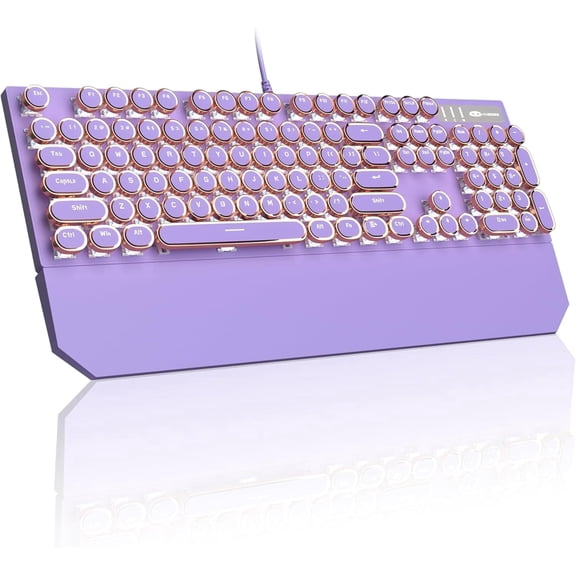 MageGee Retro Typewriter Mechanical Gaming Keyboard, 104-Key Wired USB, Blue Switches, RGB Rainbow Backlit, Purple