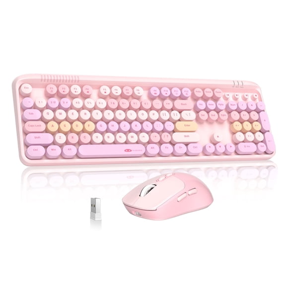 MageGee V920 Wireless Gaming Keyboard and Mouse Combo – Retro Pink Keyboard, Ergonomic Design, 2.4G, Whisper Quiet Keys, Adjustable DPI Mouse, Pink Desk Accessories Office Supplies