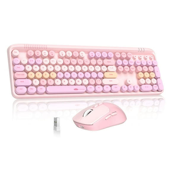 MageGee V920 Wireless Gaming Keyboard and Mouse Combo – Retro Pink Keyboard, Ergonomic Design, 2.4G, Whisper Quiet Keys, Adjustable DPI Mouse, Pink Desk Accessories Office Supplies