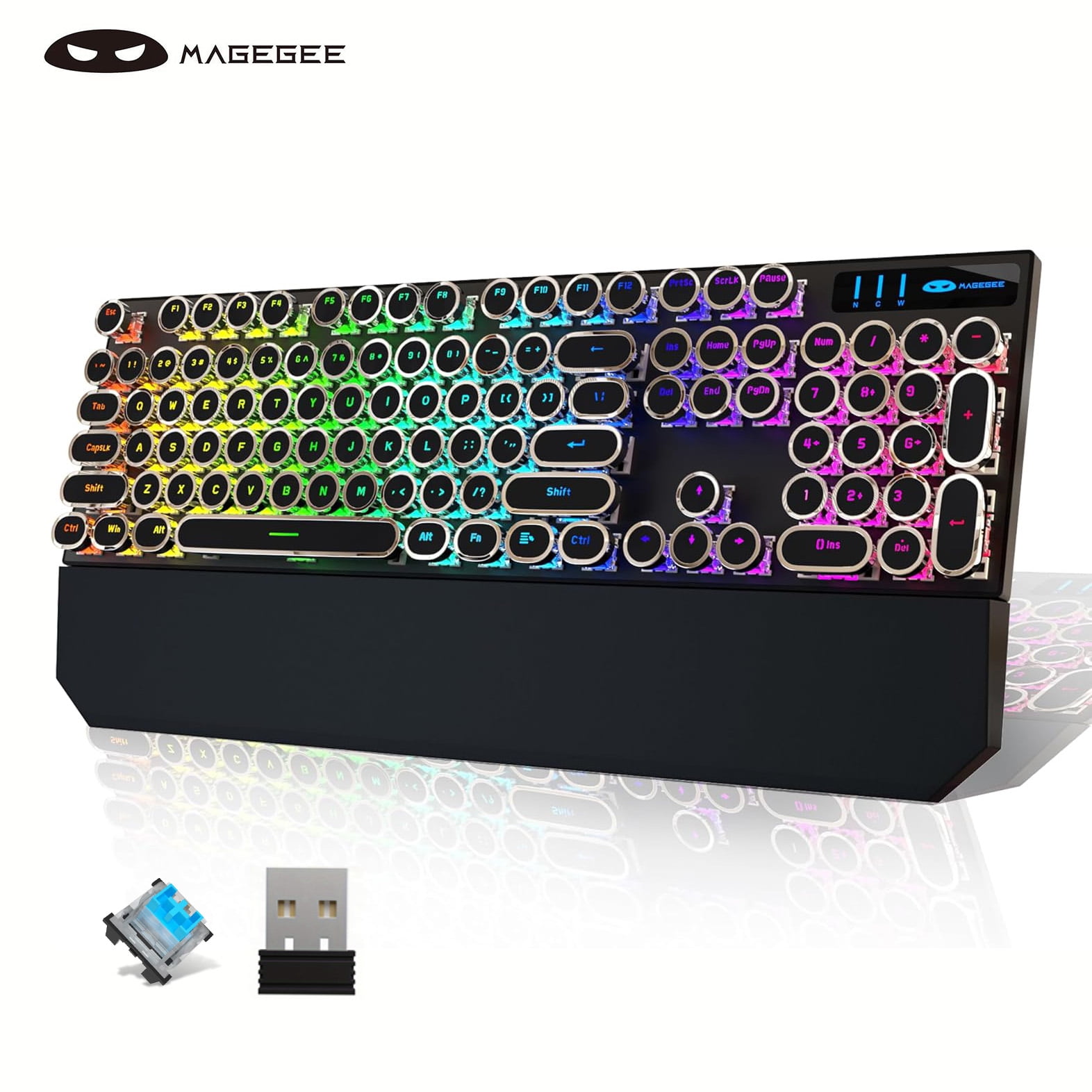MageGee tri-mode BT5.0/2.4G/Type-C Typewriter Mechanical Gaming Keyboard Retro Punk Round Keycaps with RGB Rainbow Backlit Round key cap