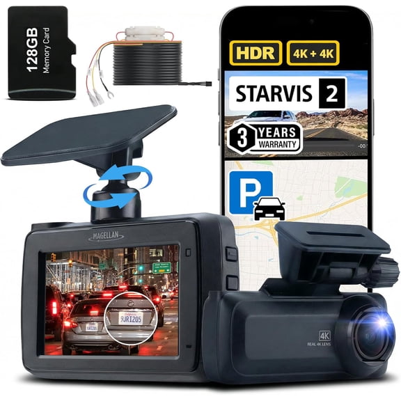 Magellan Dash Cam Front and Rear, 4K+4K Dual Dash Camera for Cars, STARVIS 2 Night Vision, Free 24H Parking Mode Hardwire Kit, Built-in Wi-Fi, GPS, 128GB SD Card Included (DR52)