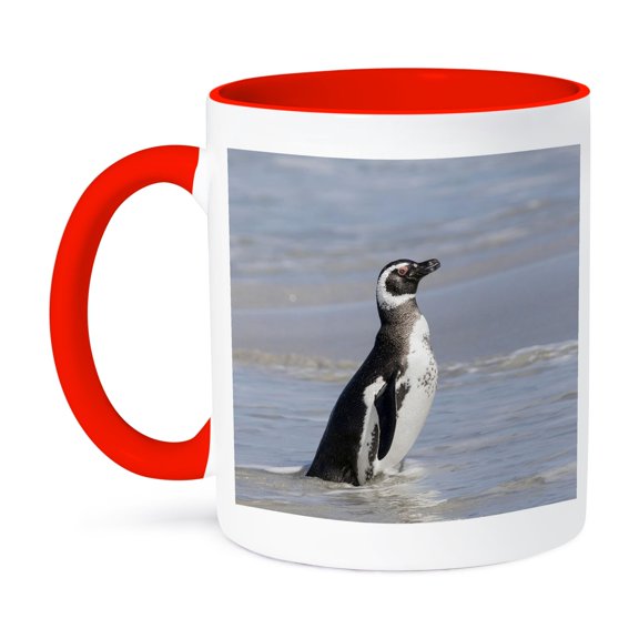 3drose, Magellanic Penguin on Beach Leaving the Ocean. Falkland Islands, 11oz Two-tone Red Mug