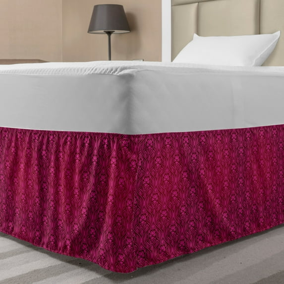 Magenta Bed Skirt, Monochrome Flourishing Flowers with Leaves Pattern Royal Garden Design, Elastic Bedskirt Dust Ruffle Wrap Around for Bedding Decor, 4 Sizes, Magenta and Purple, by Ambesonne