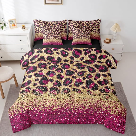 Magenta Cheetah Print Bed in a Bag King Size Comforter Set 7 Pieces,Gold Sequin Print Bedding Set Animal Hide Leopard Sheet Set with Comforter African Animals Bed Set,Spot Western Decor