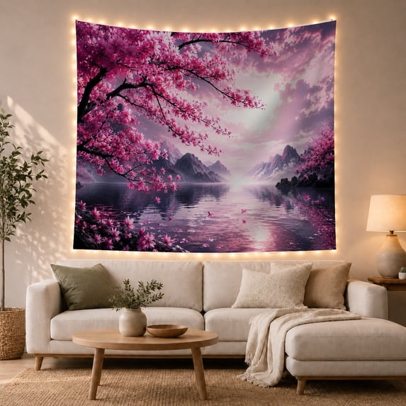 Magenta Cherry Tree Beside a Purple Mountain Lake, Serene Fantasy for Nature Lovers, Floral Wall Art, Housewarming Gift, Tapestry Wall Hanging for Bedroom and Living Room
