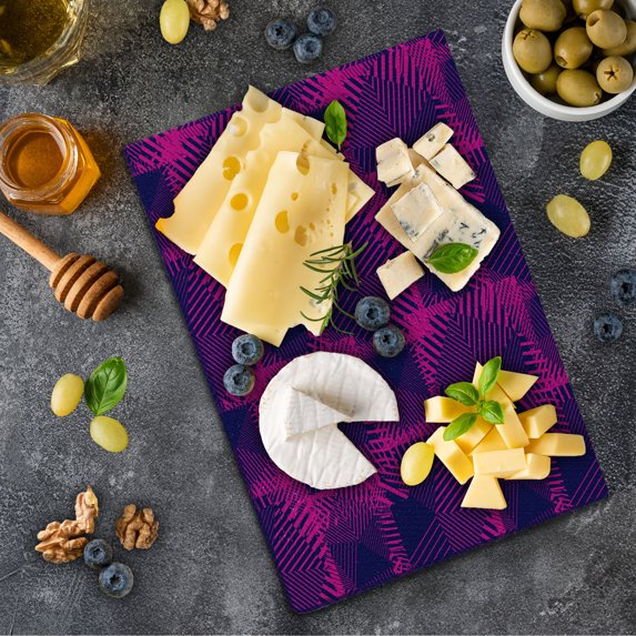 Magenta Cutting Board, Trippy Zip Style Mix Pattern with Dark Color Effects and Diagonal Linked Lines, Decorative Tempered Glass Cutting and Serving Board, Small Size, Fuchsia Purple, by Ambesonne