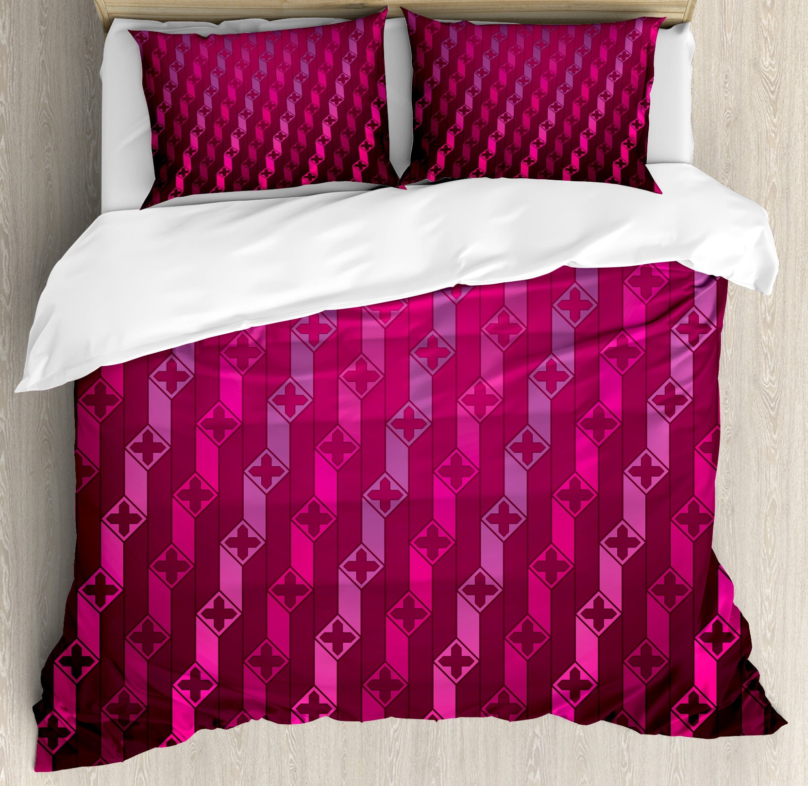 Magenta Duvet Cover Set, Abstract Striped Psychedelic Motif Fashion
