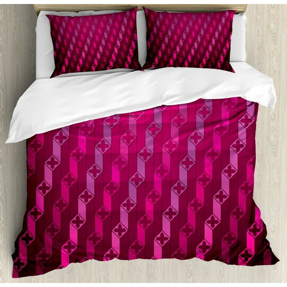Magenta Duvet Cover Set, Abstract Striped Psychedelic Motif Fashion Gradient Retro Structured Grid Modern Art, Decorative 3 Piece Bedding Set with 2 Pillow Shams, Calking Size, Magenta, by Ambesonne
