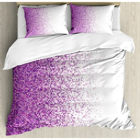 Magenta Duvet Cover Set, Computer Art Style Tile Mosaic Squared Complex Pixel Party Mix Concept, Decorative 3 Piece Bedding Set with 2 Pillow Shams, King Size, Purple White, by Ambesonne